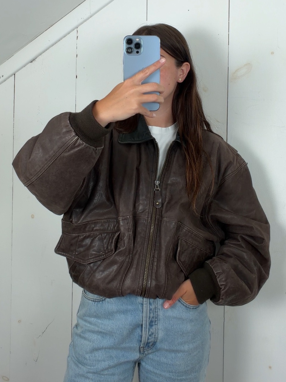 Vintage Brown Genuine Leather Distressed‎ Bomber Jacket Men’s XL Contrast Collar